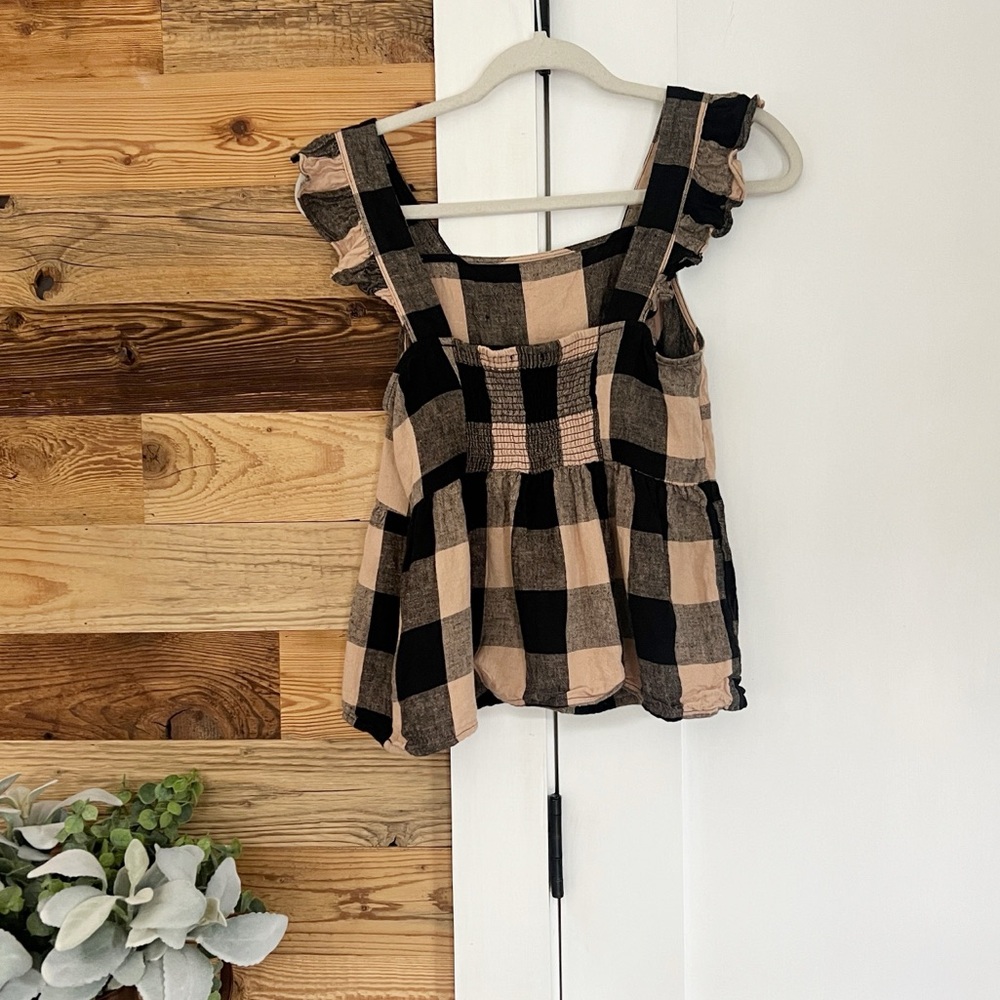 Who What Wear Linen Blend Gingham Check Ruffle Sleeve Top - Picture 3 of 4